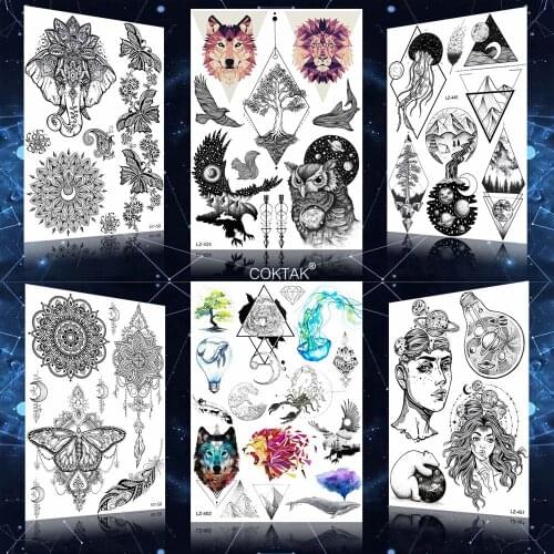 Diamond Tree Triangle Flash Wolf Lion Tattoos Stickers Women Arm Chest Art Fake Temporary Tattoo Waterproof Owl Moon Rose Tatoos