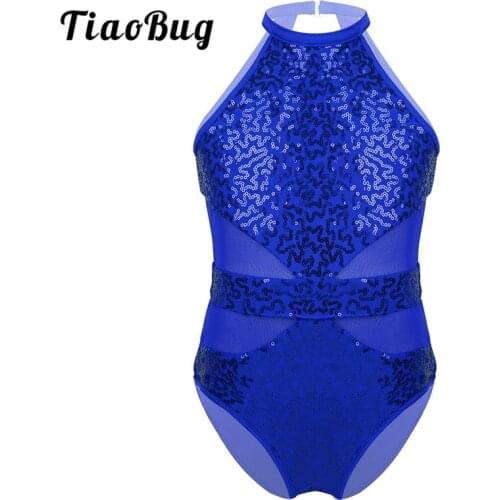 TiaoBug Kids Girls Dancewear Sleeveless Halter Sparkly Sequins Mesh Splice Performance Ballet Dance Costume Gymnastics Leotard
