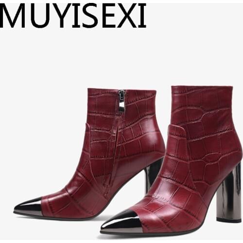 Stone pattern decorations genuine leather pointed toe 9cm round high heel side zipper dress nightclub ankle boots HL318 MUYISEXI