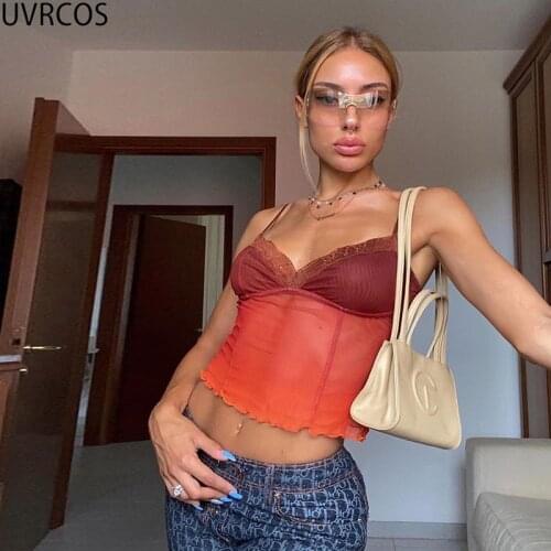 UVRCOS Sexy Women Sleeveless Camisole Y2K Crop Tops Summer New Lace Mesh See Through Backless Vest Beach Party Slim Lady T-Shirt