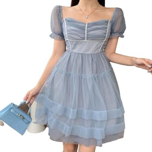 PERHAPS U Lolita Mesh Chiffon Spliced Square Collar Puff Sleeve A-Line Pleated Draped Ball Gown Short Dress Princess Party D3071