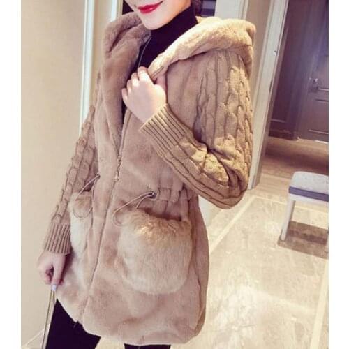 Faux Fur Knit Sweater Jacket Autumn Winter Women Classic Fashion Knitted Stitching Plush Hoodie Coat Casual Lady Clother