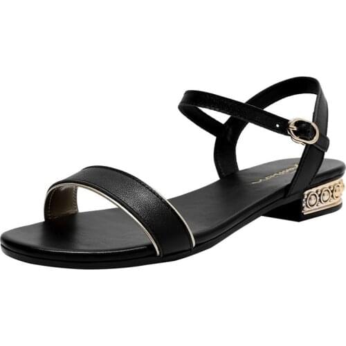 2021 New Summer Women Sandals Genuine Leather Ankle Strap Ladies Open Toe Black Beige Low Heel Metal Decoration Shoes