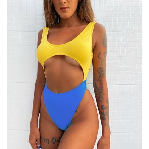 2022 Summer Women Sexy One Piece Swimwear New Arrival Swimsuit Hollowed Out Bathing Suit Solid Color Stitching Beachwear
