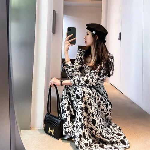 Korean Floral Printed Long Dress Women 2020 Chic Autumn One Piece Lady Dress Vintage Long Sleeve Square Collor Slim Fit Vestidos