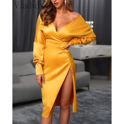 Women Elegant Long Sleeve Deep V Neck Open Back Side Slit Party Dress