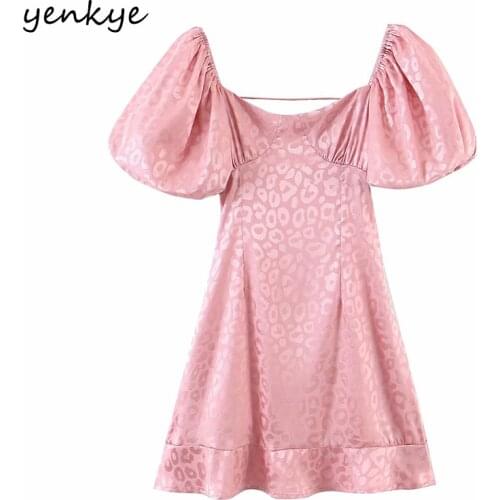 YENKYE Sexy Backless Pink Leopard Dress Women Square Neck Puff Sleeve High Waist A-line Mini Party Dresses Summer Vestido Mujer