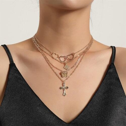 Vintage Heart Charm Choker Necklace For Women Multi-layer Chain Butterfly Cross Pendant Necklaces Party Jewelry Gift Collier