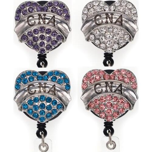 10 pcs/lot Free Shipping Heart CNA Rhinestone Retractable Id Badge Holder Reel