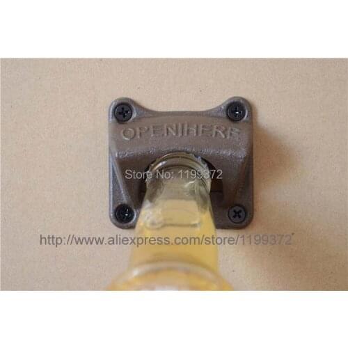 100pcs Square wall opener hanging hook beer bottle openers mount copper cap rustic cast iron open here metal retro with 4 Screws