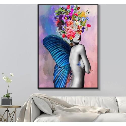 Abstract Wall Art Pictures Fashion Woman Butterfly Feather and Flowers Modern Home Canvas Painting Beauty Decoration Posters