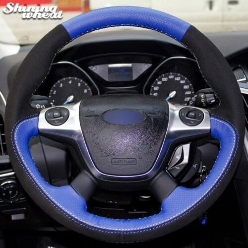 BANNIS Black Suede Blue Leather Car Steering Wheel Cover for Ford Focus 3 2012-2014 KUGA Escape 2013-2016 C-MAX 2011-2014