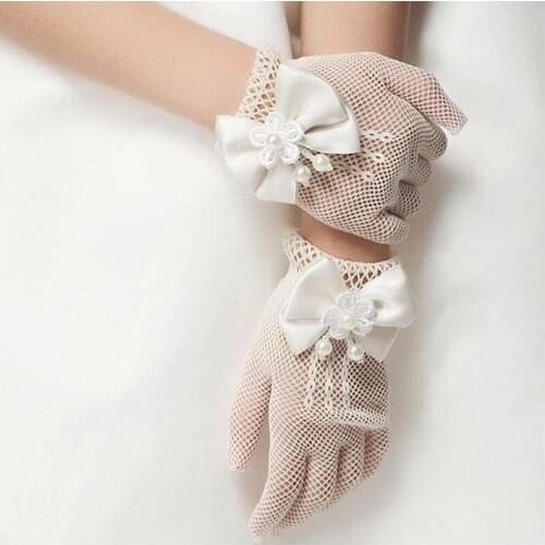 Girls White Lace Bow Gloves Fishnet Gloves Communion Flower Girl Bridal Party Ceremony Accessories Princess Costume Dress Gloves