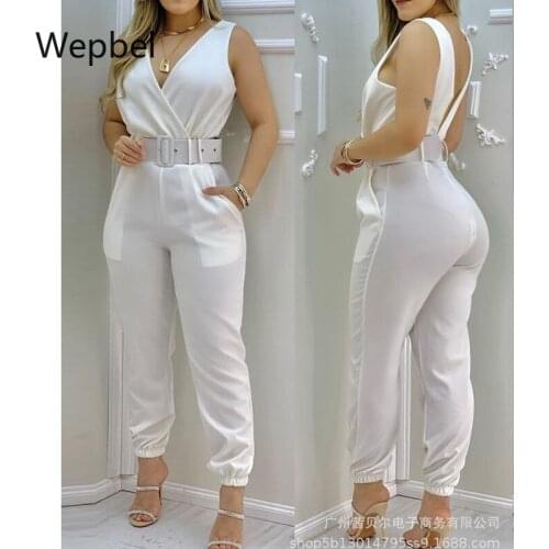 Wepbel Pencil Pants Jumpsuits High Waist Green Women Jumpsuits Summer V-neck One-Piece Trousers Jumpsuit Without Belt