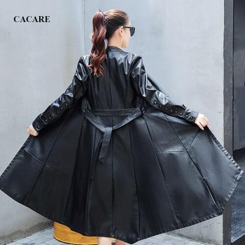 Black Faux Leather Long Jackets Women 2018 Autumn CHEAPEST Women PU Leather Coat F0101 with Waist Belt