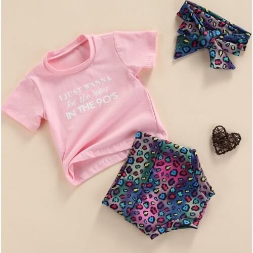 FOCUSNORM 0-3Y Summer Infant Baby Girls Clothes Sets Letter Printed Short Sleeve T Shirts Leopard Shorts Headband