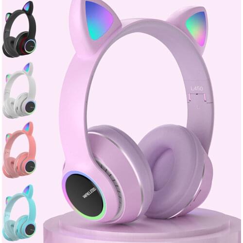 MS Led Lights Cat Ear Headset Wireless Foldable Control Volume Tf Card 3.55Mm Port Headphones ChildrenS Day Gifts