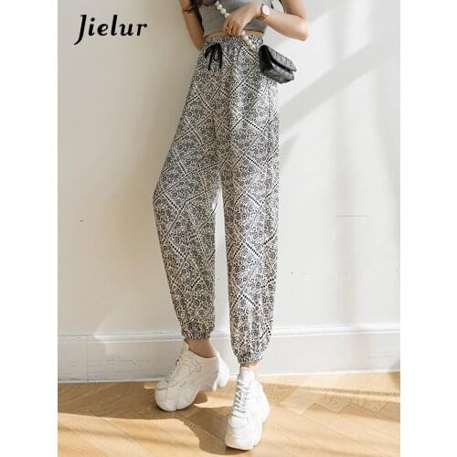 Jielur Summer Thin Chiffon Womens Pant Elastic Waist Printed Casual Pants for Women Korean Style Trousers Female S-XL OL 2021
