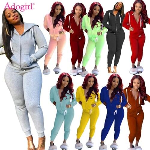 Adogirl Women Solid Two Piece Set Plus Size S-2XL Autumn Winter Tracksuit Long Sleeve Zipper Hooded Sweatshirts + Pants Suits