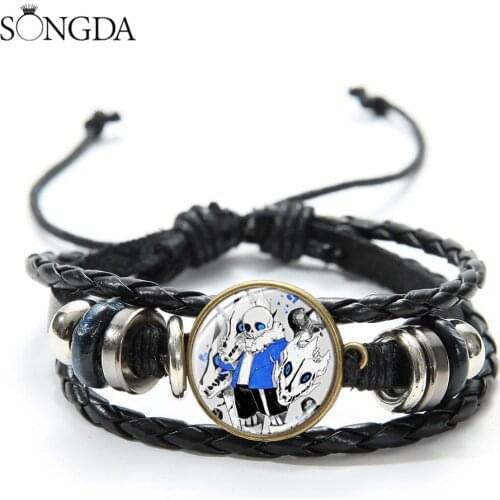 Anime Game Undertale Leather Bracelet Mens Casual Wrap Punk Leather Bracelet Handmade Glass Cabochon Jewelry Otaku Gifts