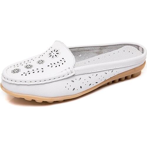 Summer Womens Shoes Real Leather Moccasins Women Loafers Cut-outs Closed-toe Flats Sandals Slippers Casual Shoes Woman