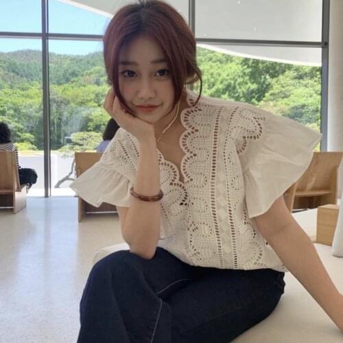 Fashionable quality lace v-neck flounce sleeve blouse blouse