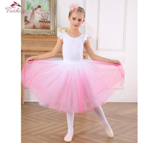 New Girls White Ballet Leotard with Long Gradient Pink Tulle for Performance Dance Costume