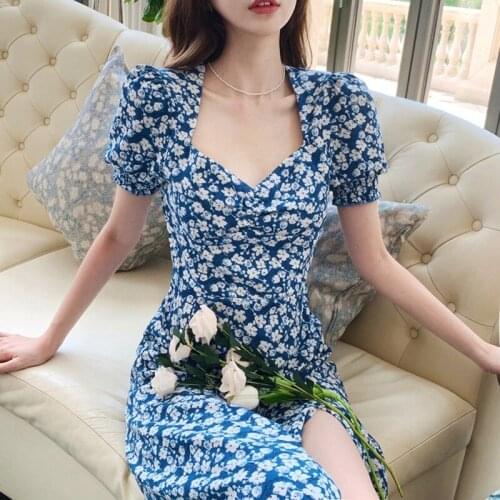 GOOHOJIO 2021 Summer New Floral V-neck Puff Sleeves Dresses Women Temperament Dress for Ladies Vacation High Waist Women Dress