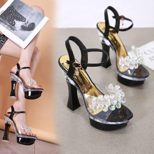 Women Summer Party High Heels Shoes Artificial Diamonds Thick Heels Sandals Woman String Bead Platform Crystal Open Toe Sandal