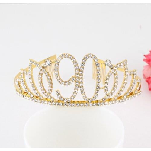 Silver Gold 90 Rhinestone Birthday Tiara Crown Headband for Women Happy 90th 90 Years Birthday Party DIY Decorations Favor Gifts