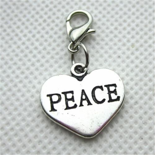 20pcs/lot Silver PEACE Heart Charms Dangle Charms Lobster Clasp Charms Diy Jewelry Accessory for Bracelets Hanging Charms