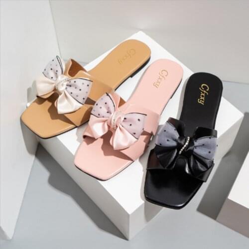 Fashionable Square Toe Slippers For Women Solid Color Casual Bow One - line Flat Flip-flops Ladies Outdoor Comfortable Sandals