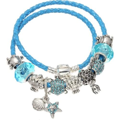 Szelan Blue lLeather Rope Blue Crystal Charm Bracelets Turtle Frog Animal Bracelets SBR190124