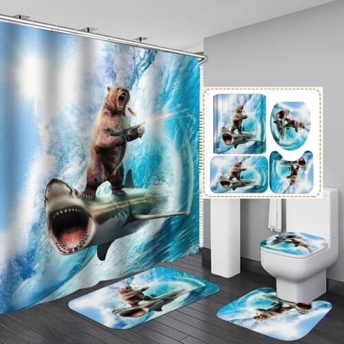 3D Shark Bear Waterproof Fabric Bathroom Curtain Shower Curtains 4pcs Set Non-slip Rugs Toilet Lid Cover Bath Mat Home Decor