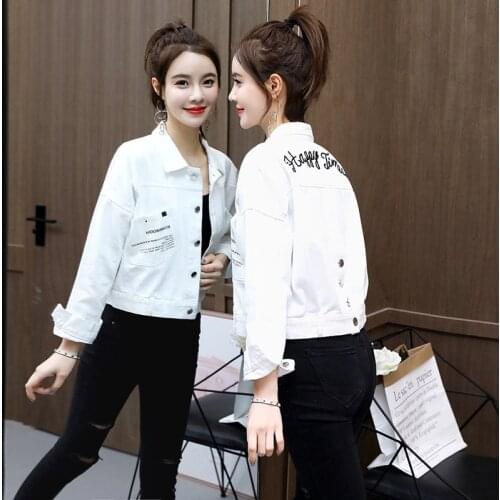 Women White Denim Jacket Long Sleeve Short Section Coat Free Shipping