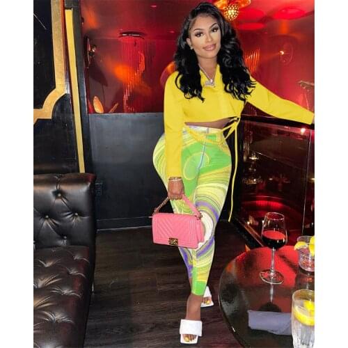 2021 High Quality New Design 2 pcs Women Set Solid O-neck Short Tops Long Pants Autumn Sexy Club Outfits