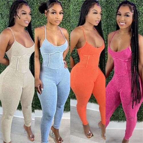 VAZN 2021 Early Autumn Knit Jumpsuits Spaghetti Strap Sleeveless Joker Energy High Waist Women Skinny Pencil Jumpsuits