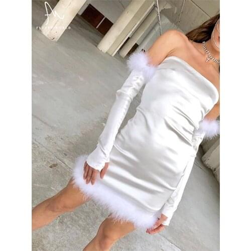 Women Summer Dresses 2021 High Quality Sexy Mini Dress Party Elegant Streetwear Very Soft Smooth Bodycon Dress with Feather