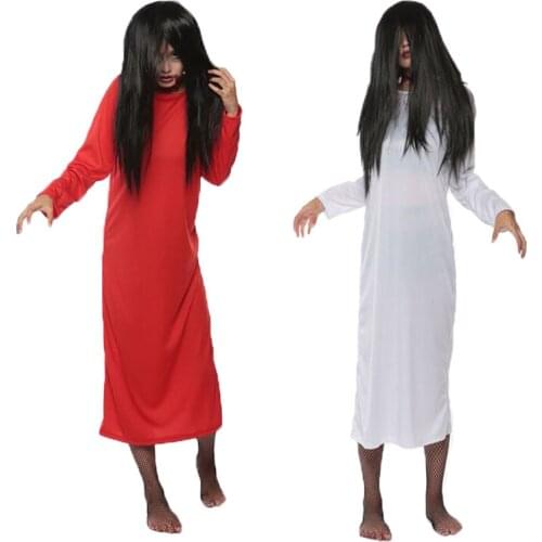 White Red Solid Plus Size Woman Gown Sadako Halloween Masquerade Scary Costumes with Wig Bride Terror Robe Dress for Female