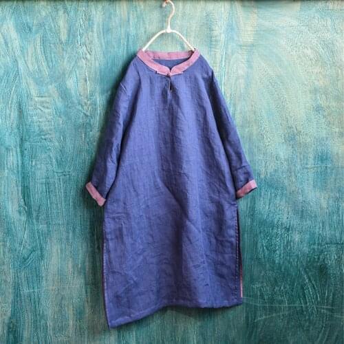 Ramie Women Dress 2021 Spring Autumn Contrast Color Loose Button Vintage Fashion Robe Female YoYiKamomo