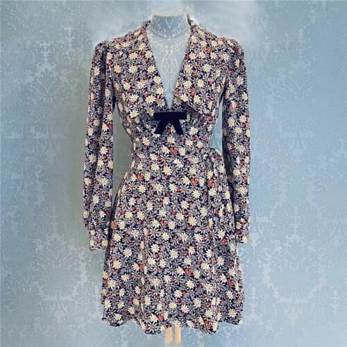 Vintage Floral Printed Woman Dress 2021 Summer Brand Designers Elegant Bow V-neck Long Sleeve Chiffom Mini Dress Female