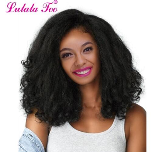 20inch Short Yaki Straight Synthetic Afro Wig For Women Side Part African American Natural Black Heat Resistant Wig