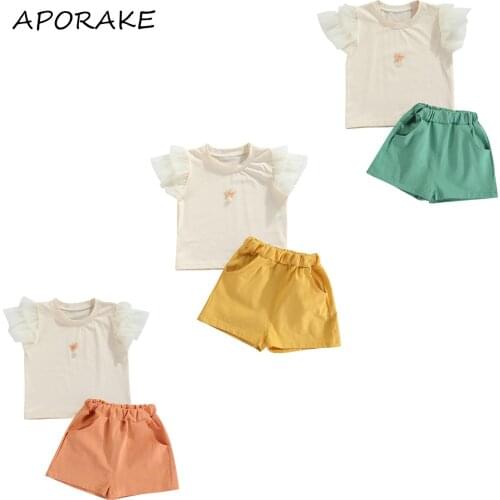 2021 1-5Y Cute Kids Baby Girl Clothing Mesh Short Sleeve Solid Blouse Top+Shorts Summer Children Outfits Set 2pcs