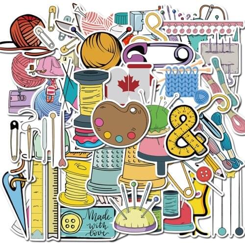 50Pcs Cartoon Sewing Machine Stickers Sewing Tools Ruler Scissors Suitcase Skateboard Graffiti Laptop Luggage Graffiti Stickers