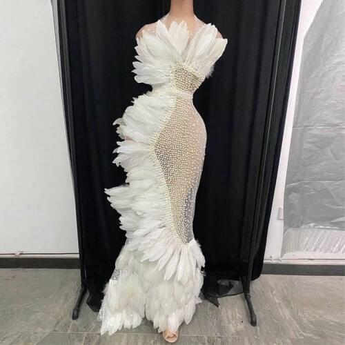 Fashion white red dress See through halter mesh pearl feather dresses party club birthday robe festival outfits stage designer