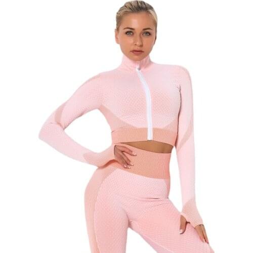 Zipper seamless yoga wear knitted jacquard butt lift fitness pants sports yoga jacket for women