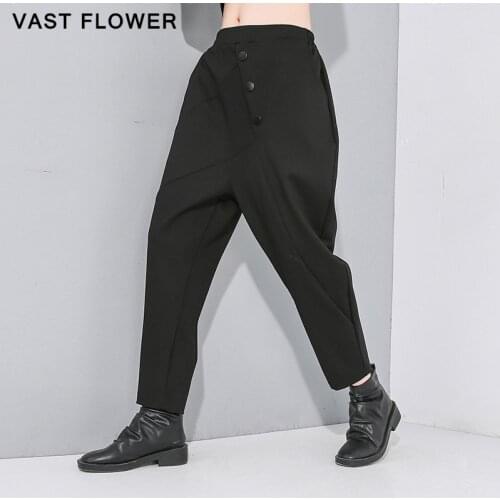 Black Vintage High Waist Harem Pants Women New Button Pocket Casual Loose Trousers Women 2021 Spring Autumn Fashion Streetwear