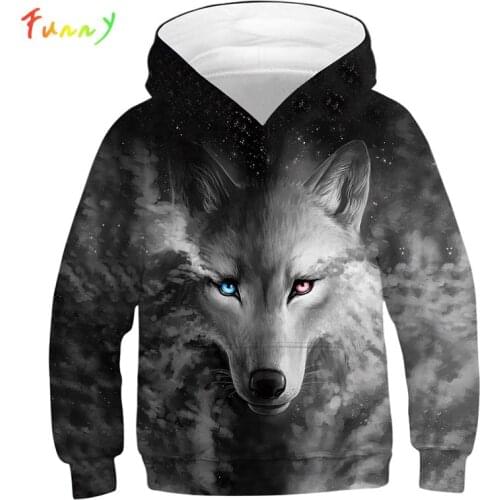 Gray 3D Wolf Kids Sweatshirt Girls Boys Hoodies Galaxy Printed Hoody Sweatshirts Long Sleeve Pullovers Children Bluzy Chlopiece