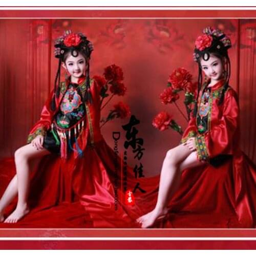 Childrens Day Kids' Costume HongShang Die Lian Hua Chinese Style Red Costume for Girls having Adult Size too