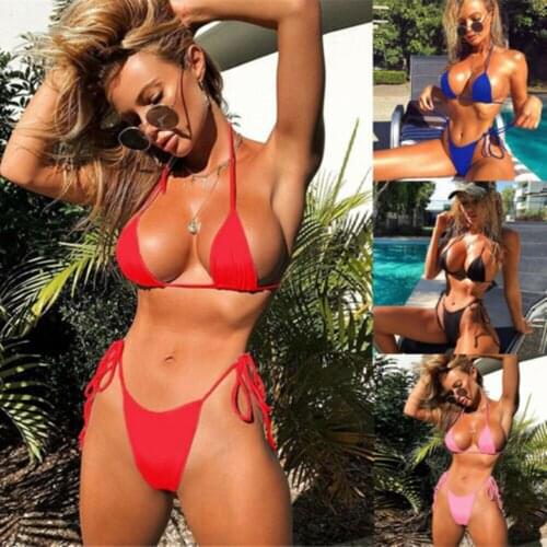 Summer Women 2PCS Bikini Set Solid Color Wire-Free Padded Halter Straps Bra High Waist Triangle Panty Support Wholesale